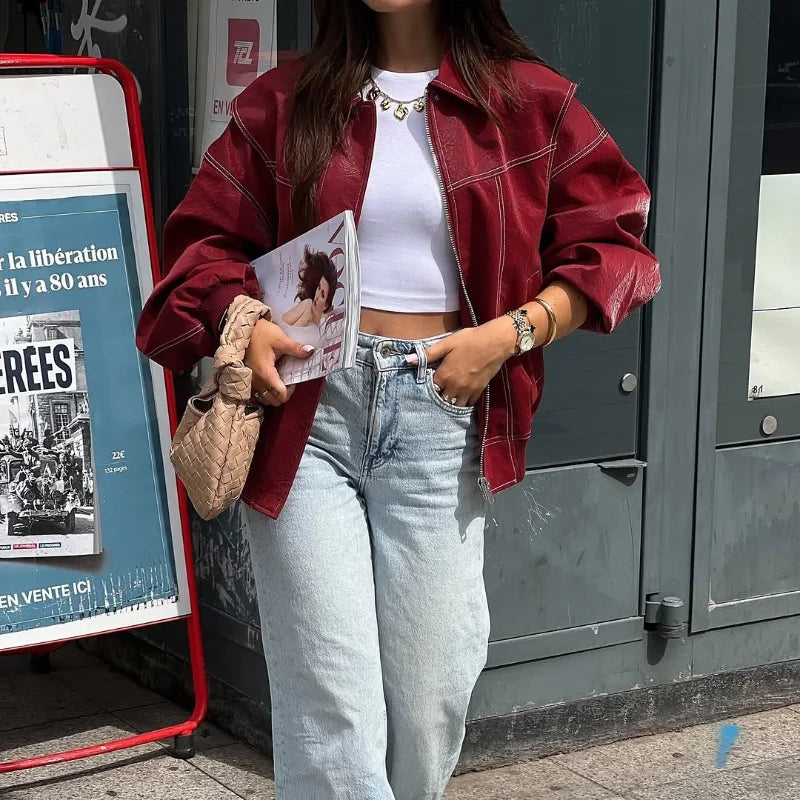Kurze Damenjacke aus weinrotem PU-Leder, schmal geschnitten, Motorradstil, Reißverschluss, Revers, lange Ärmel – lässiger, schicker Perfecto | Highstreet