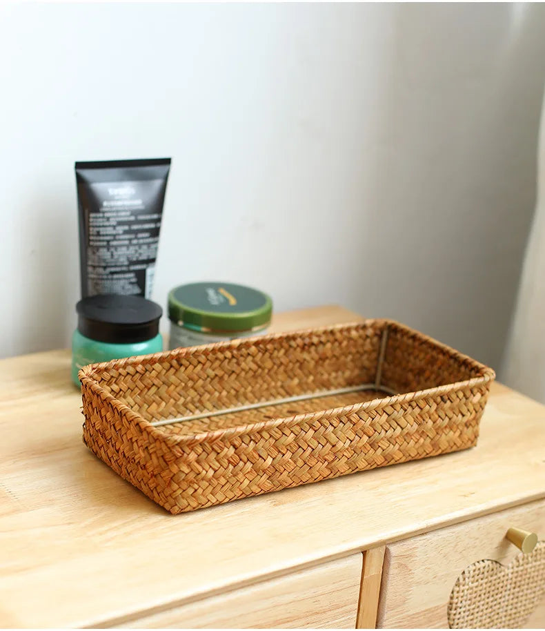 Panier Tressé Algues Rangement Bureau & Salon – Skincare, Télécommande, Clés & Cosmétiques | Déco Naturelle