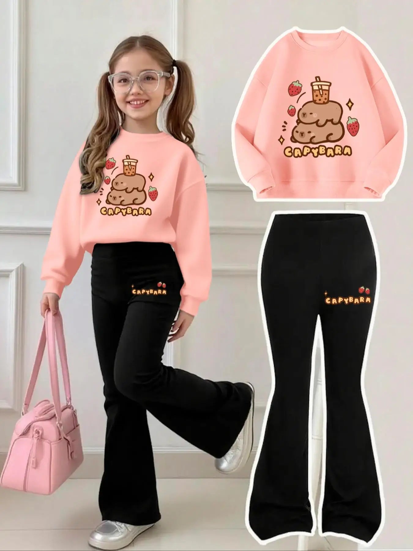 Ensemble Fille Capybara Milk Tea Sweat – Pantalon Pattes d'Éléphant Fraise 4-12 Ans