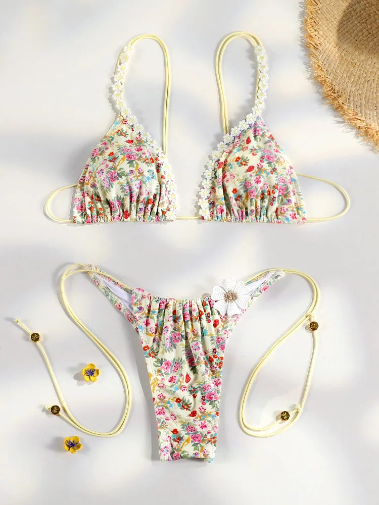 Bikini Femme 2 Pièces Imprimé Floral Micro Tanga Bandage Sexy – Maillot de Bain Été & Plage | 2026