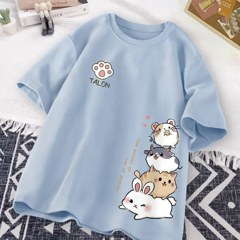 T-Shirt Imprimé Hamster Kawaii Style Japonais Femme – Coupe Loose Casual | Été Cute & Doux