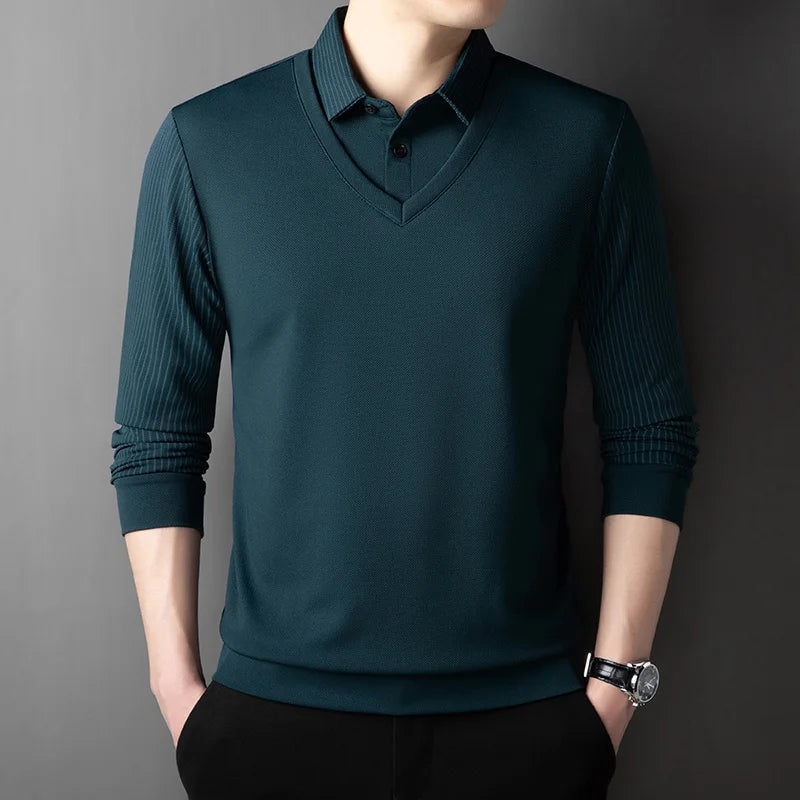 Polo Homme Manches Longues Faux Deux Pièces Couleur Unie – Business Casual Élégant Toutes Saisons Polyvalent | Mode Homme Premium