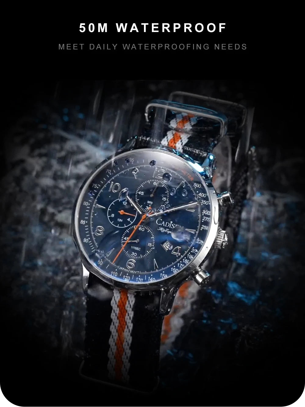 Montre Homme Luxe CADISEN Chronographe Quartz Japonais MIYOTA Bracelet Toile – Étanche Fashion