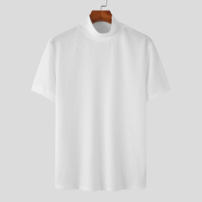 T-Shirt Homme Moulant Col Haut Texturé Couleur Unie Manches Courtes Style Coréen K-Fashion Streetwear Casual Été | Tee Shirt Col Haut K-Fashion Premium