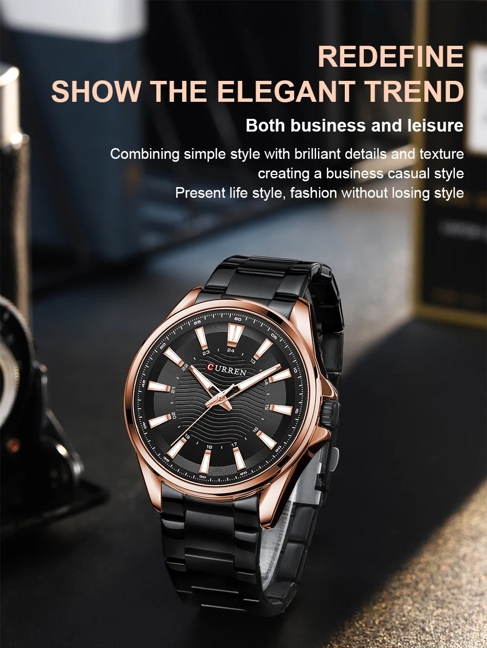 Montre Homme CURREN Business Casual Quartz 44mm – Acier Noir Lumineux Étanche Fashion