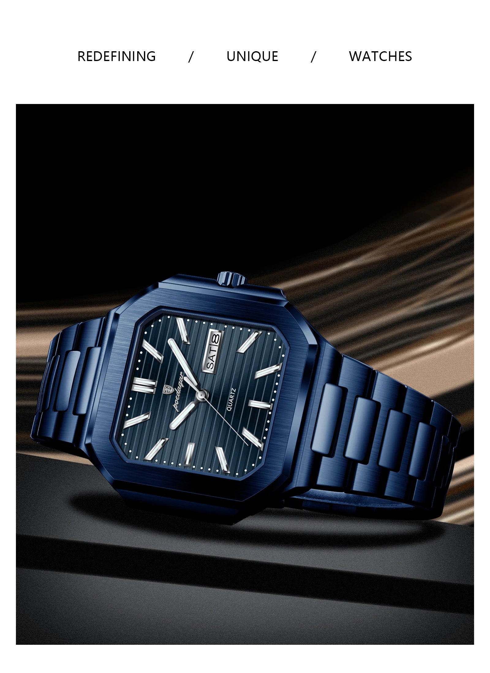 Montre Carrée Luxe Homme Poedagar – Quartz Étanche Lumineuse Date Semaine Acier Inoxydable Fashion