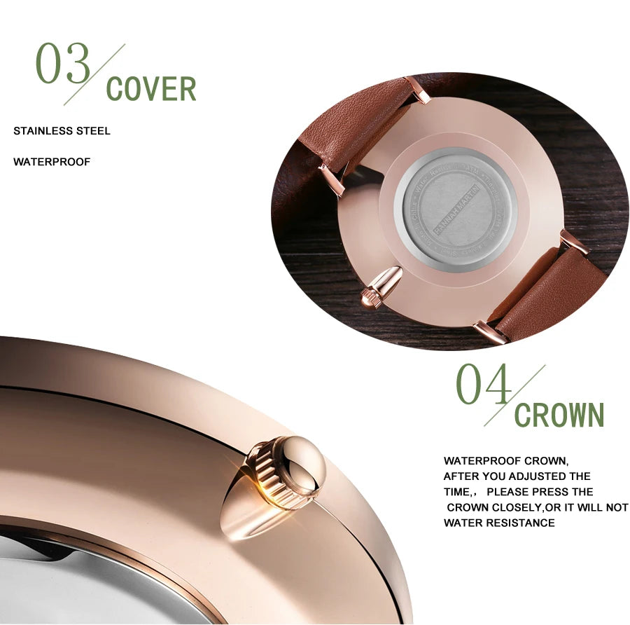 Montre Femme Luxe HANNAH MARTIN Ultra-Fine 36mm Cuir Or Rose – Étanche Élégante Fashion