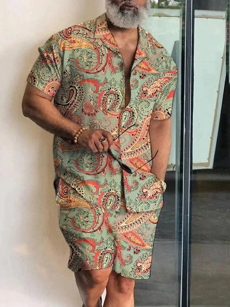 Ensemble 2 Pièces Homme Chemise Hawaïenne Manches Courtes + Short À Cordon Été Vacances Resort | Set Hawaii Premium