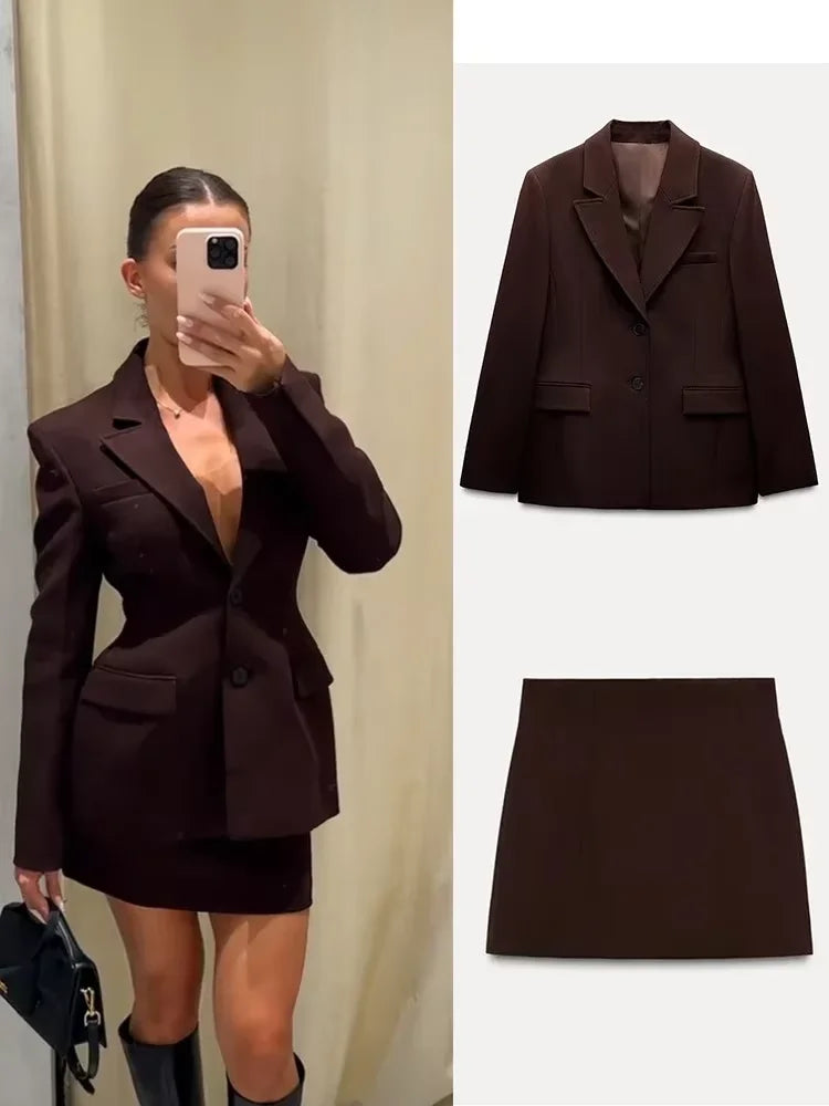 Ensemble Blazer Mini Jupe Femme Élégant – Col Revers Manches Longues Slim Uni | Tenue Bureau Chic 2025