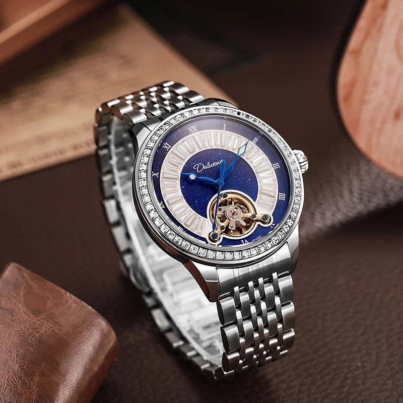 Montre Homme Tourbillon Automatique Mécanique – Cadran Strass Lumineux Sport Étanche Acier