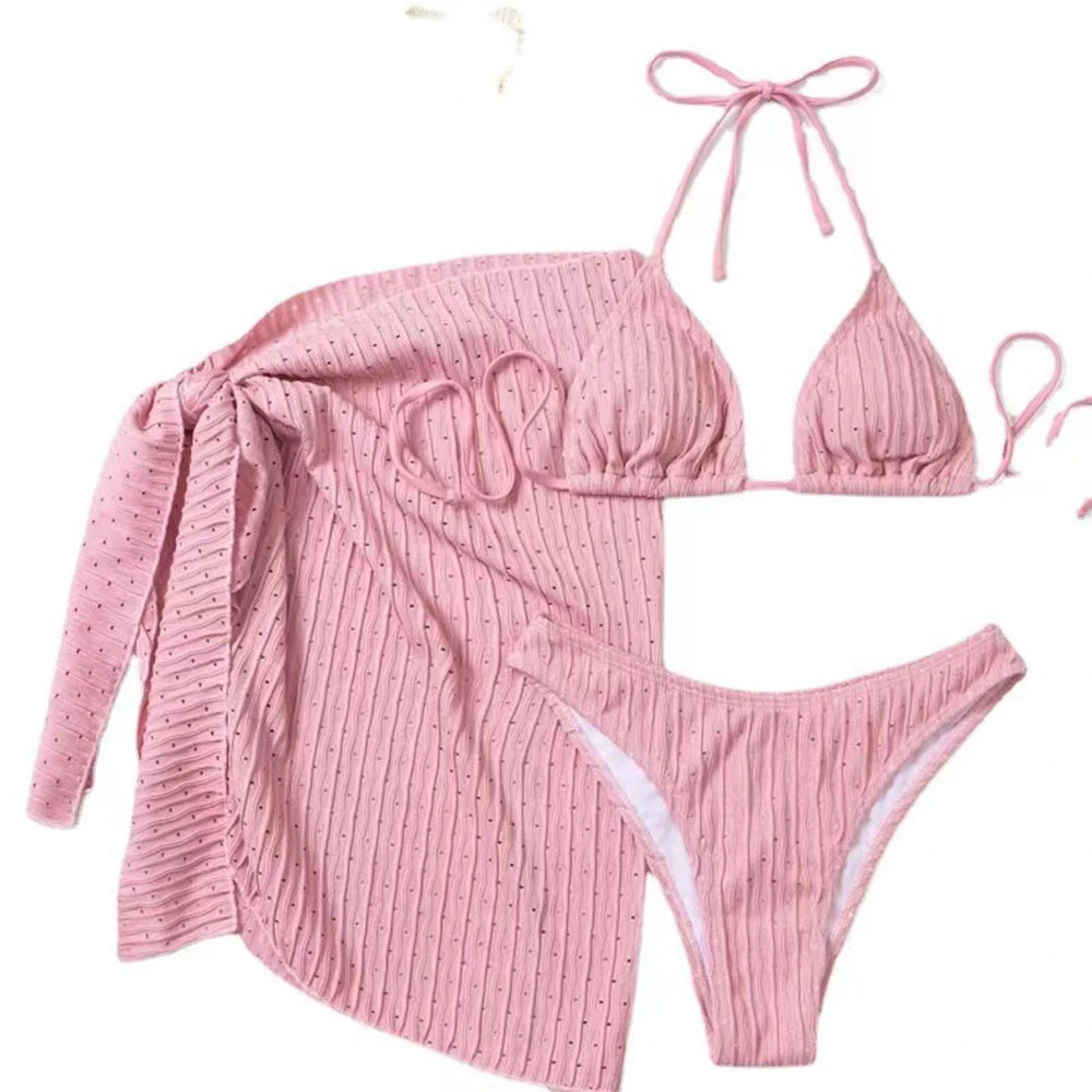 Bikini 3 Pièces Halter Femme Sexy Tanga – Maillot de Bain Avec Paréo Jupe | Blanc Noir Rose Vert Été