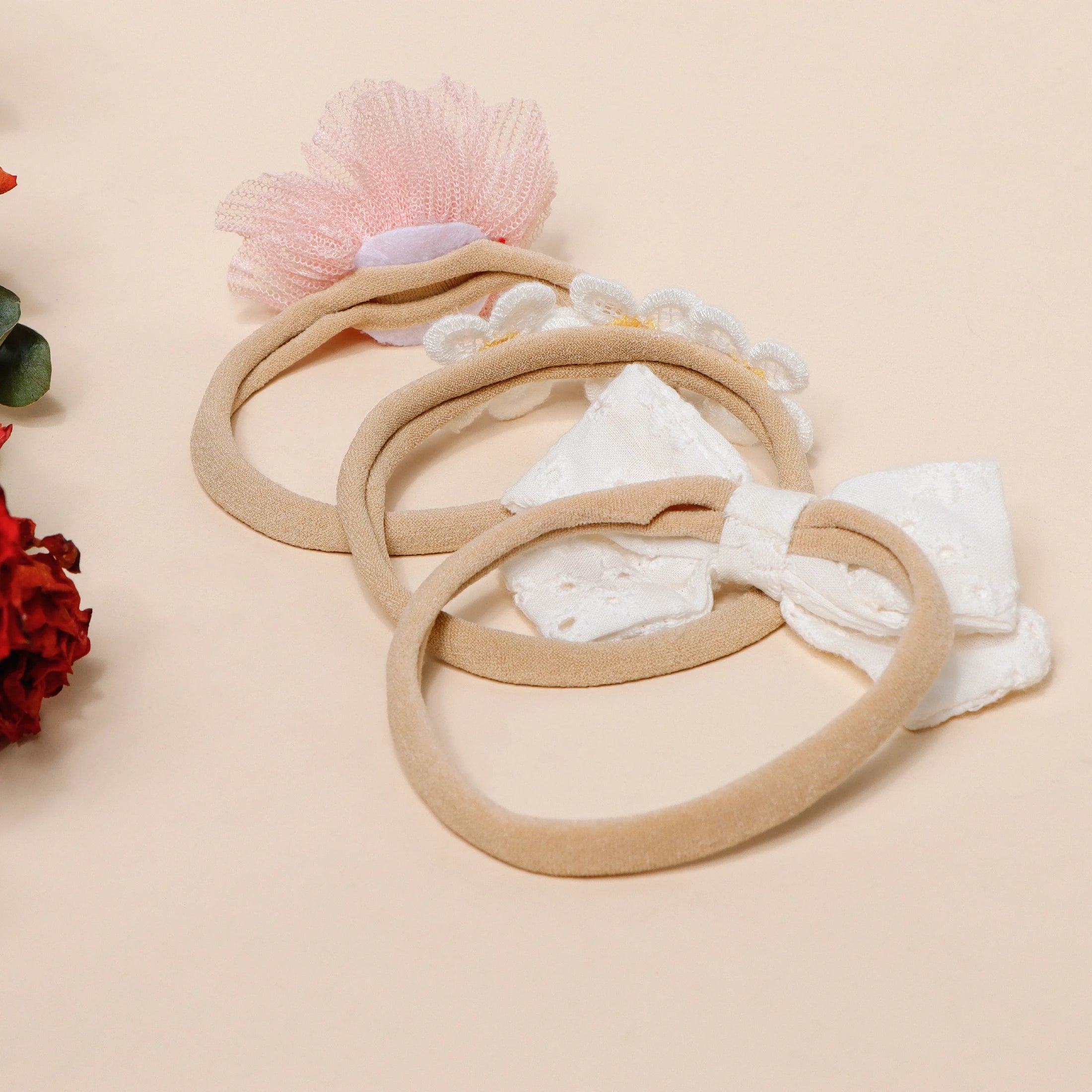 Lot 5 Bandeaux Fleurs Dentelle Rose Bébé Fille – Accessoires Cheveux Nouveau-Né Photo Mignons