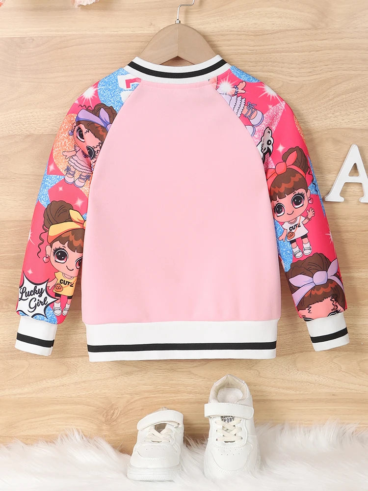 Veste Baseball Fille Imprimé Poupée Cartoon Lettre A – Blouson Casual Printemps Automne Enfant