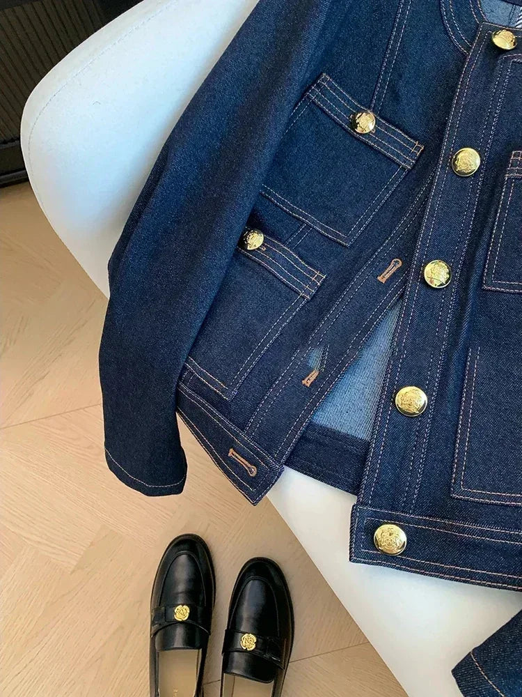 Veste Courte Femme Denim Bleu Col Rond Poches Style Coréen Ample – Mode Chic & Classique | Automne