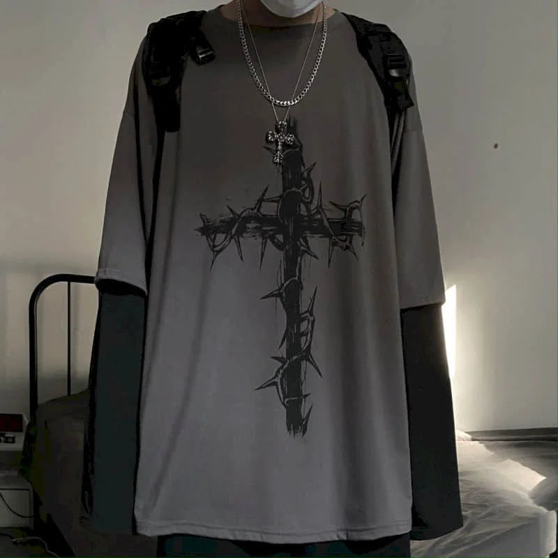 T-Shirt Homme Oversize Manches Longues Croix d'Épines Dark Hip-Hop Y2K Gothic Streetwear Été Tendance – Tee Graphique Dark Aesthetic Unisexe | Mode Streetwear Premium