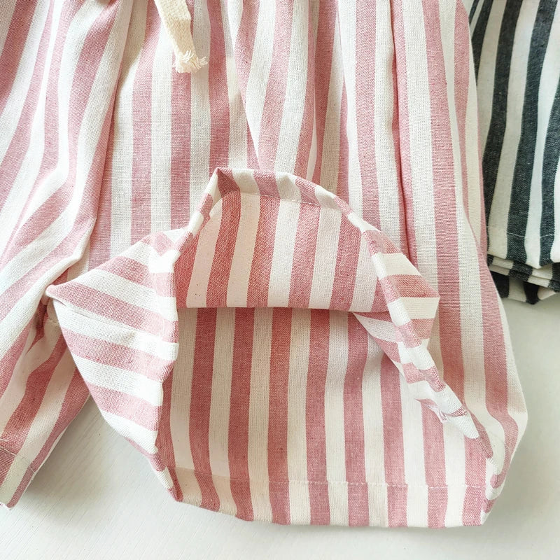 Short Lin Coton Enfant Rayures – Pantalon Court Casual Vintage Ample Garçon Fille Été