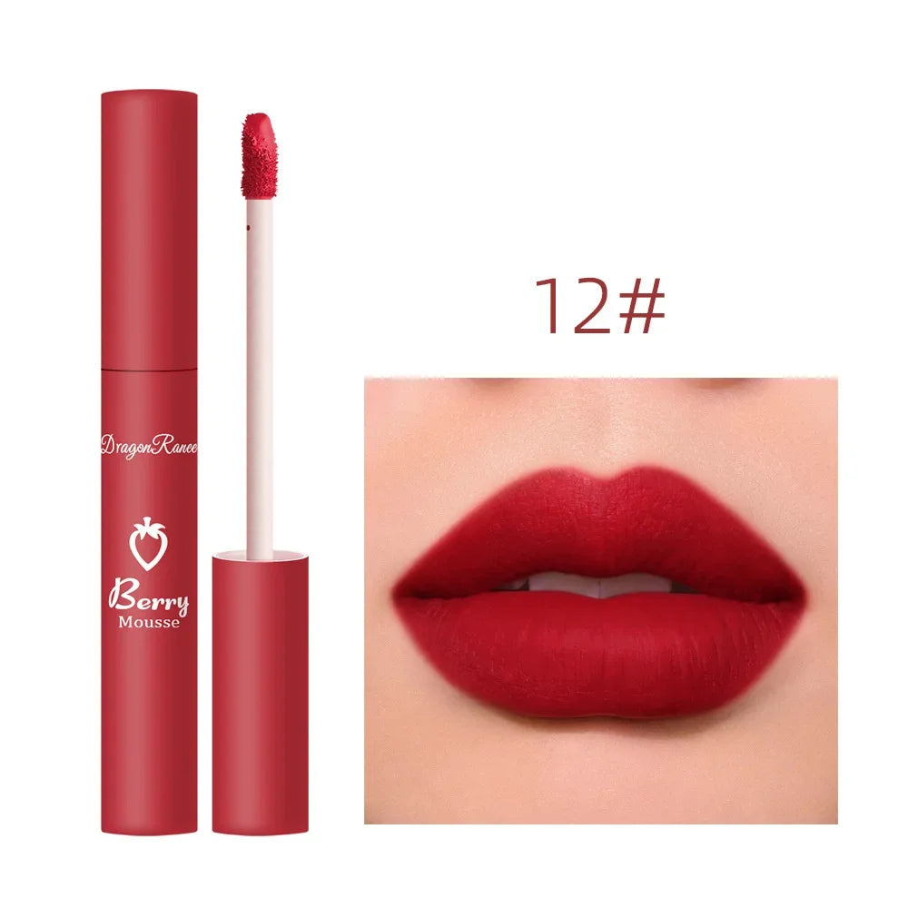 Gloss Lèvres Mat 12 Couleurs Berry Mousse – Glaçure Velours Waterproof Longue Tenue | Rouge à Lèvres Sexy Cosmétique