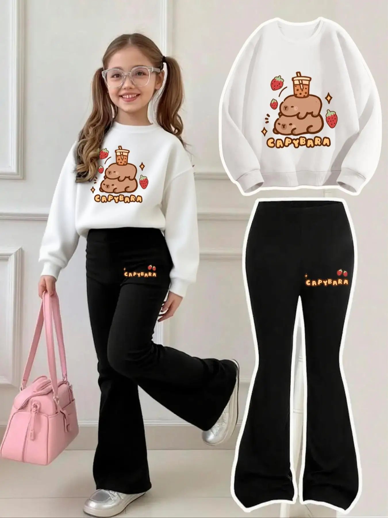 Ensemble Fille Capybara Milk Tea Sweat – Pantalon Pattes d'Éléphant Fraise 4-12 Ans
