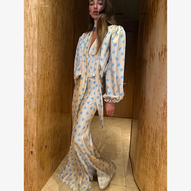 Ensemble 2 Pièces À Pois Femme - Chemise Manches Longues & Jupe Avec Foulard | Style Élégant Printemps 2026
