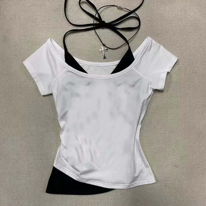 Crop Top Femme Faux 2 Pièces Punk Gothic Rétro 90s Manches Courtes Slim – Streetwear Sexy | Été