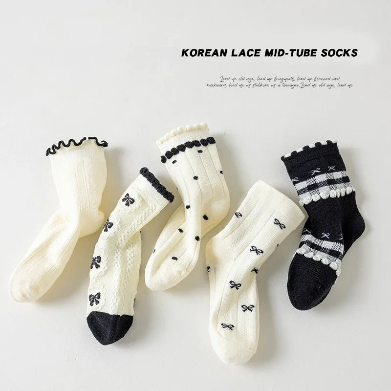 Lot 5 Paires Chaussettes Fille Coton Dentelle Nœud – Rayures Douces Respirantes Antidérapantes Princesse