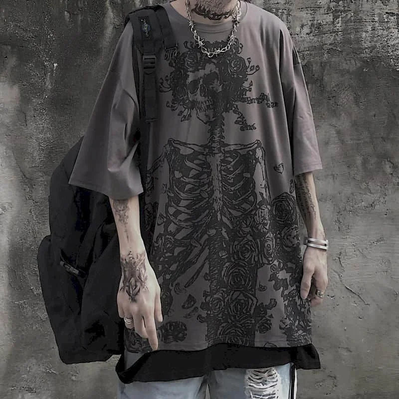 T-Shirt Unisexe Gothic Skull Oversize Loose Été – Streetwear Dark Anime Y2K Manches Courtes Tendance | Mode Homme & Femme