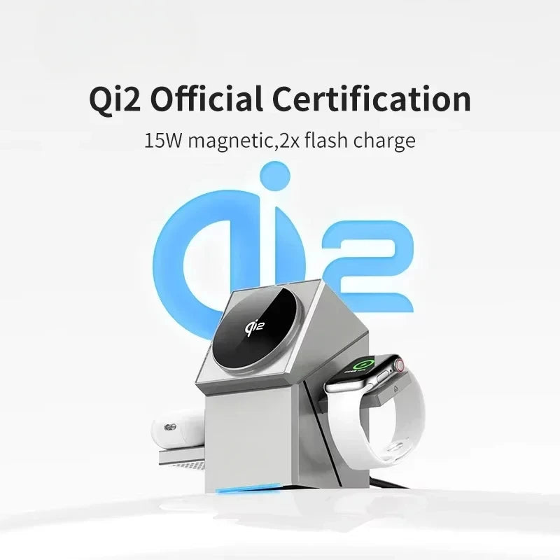 Chargeur Qi2 3-en-1 Dock Auto-Rotatif – iPhone 16 15 14 Pro Max AirPods iWatch Charge Rapide