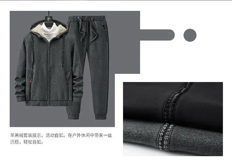 Ensemble Homme Cashmere Tracksuit Hiver – Veste + Pantalon Polaire Épaisse Capuche Chaud