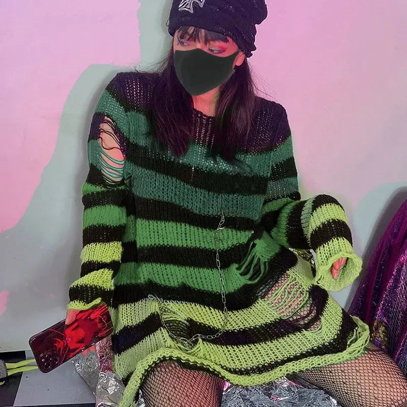 Gothic Damen Strickpullover Lila Streifen Zerrissen Ausgefranst – Fairy Grunge Lolita Emo Streetwear Stil
