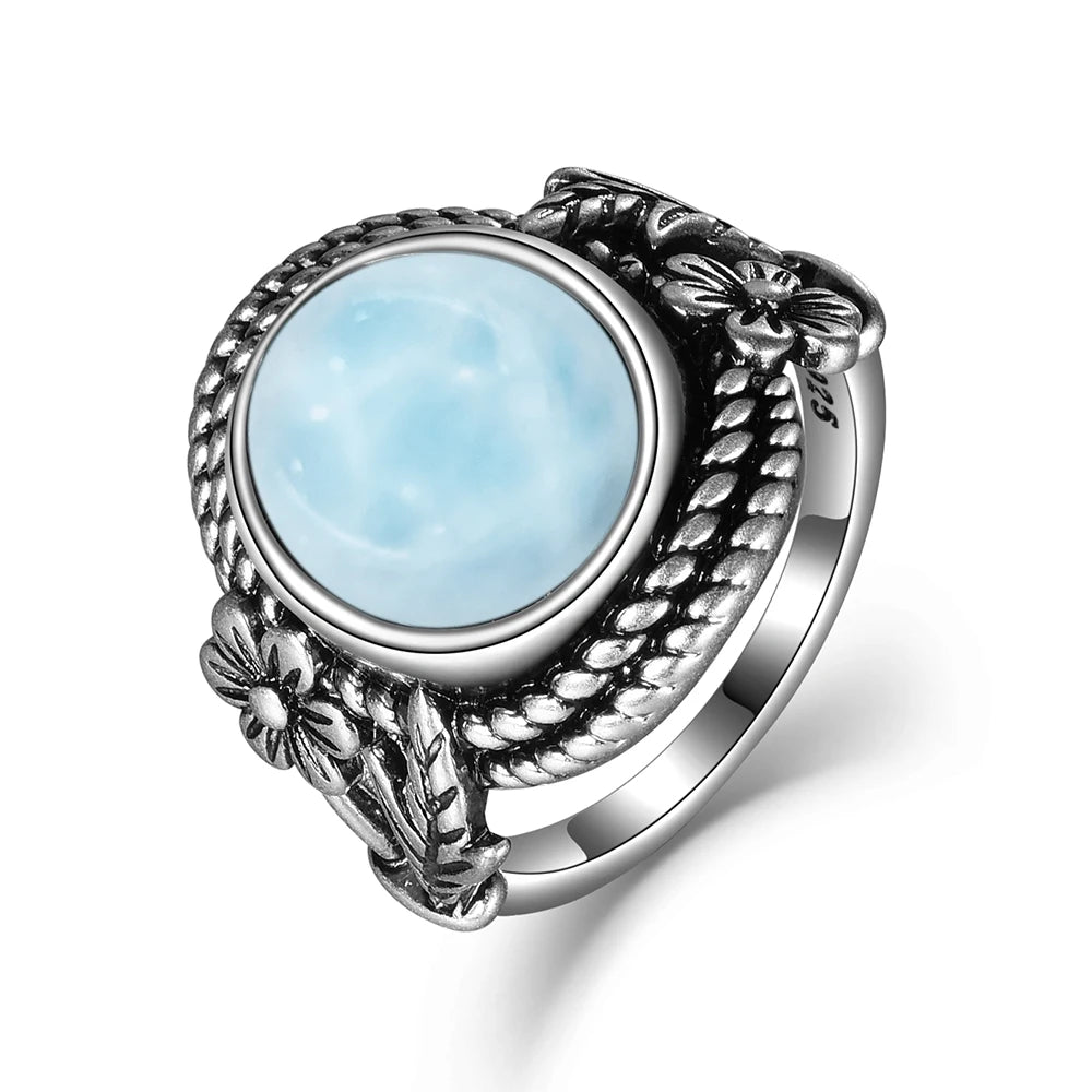 Bague Argent 925 Pierre Larimar Naturelle Vintage – Forme Fleur Ronde Bleu Ciel & Eau de Mer | Bijou Fin Unisexe Pierre Rare des Caraïbes & Cadeau Premium