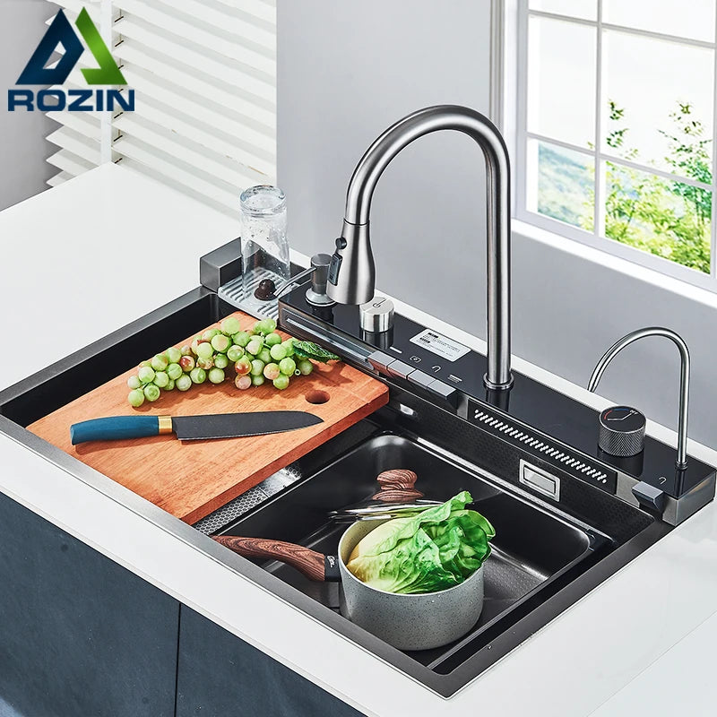 Évier Cuisine Inox 75x45cm Affichage Digital Température – Grand Bac, Robinet Cascade Eau Chaude & Froide | Design Moderne