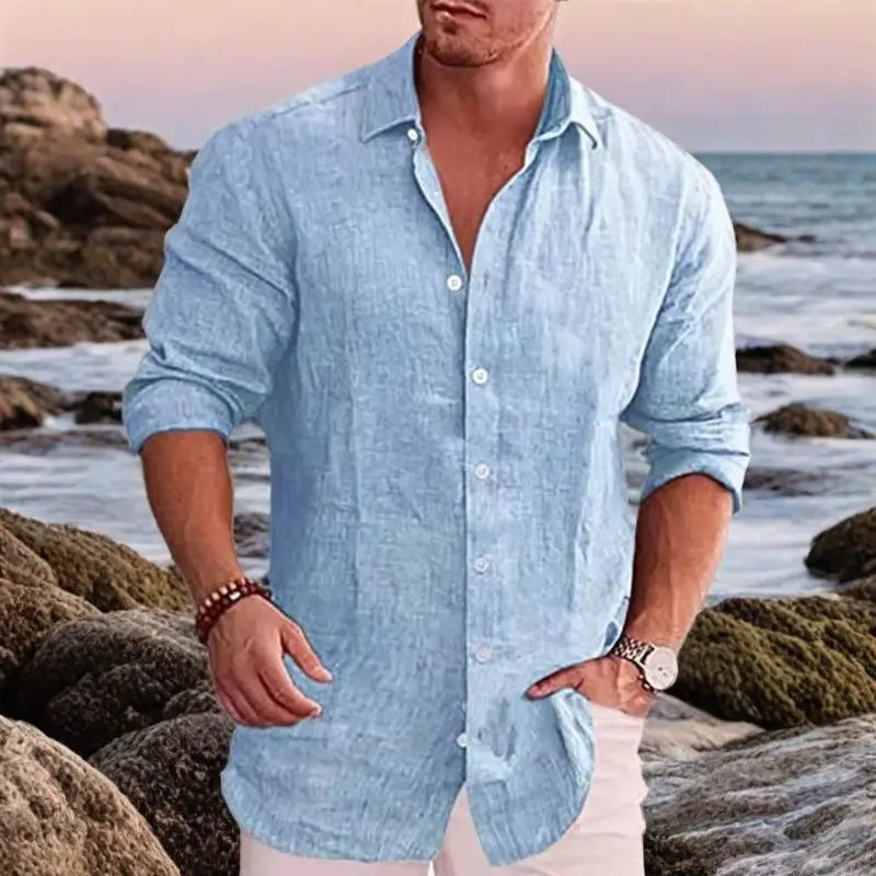 Chemise Homme Lin Coton Manches Longues Couleur Unie Casual Resort Style Polyvalente Automne Élégante Respirante – Chemise Lin Premium Toutes Saisons | Mode Homme Premium