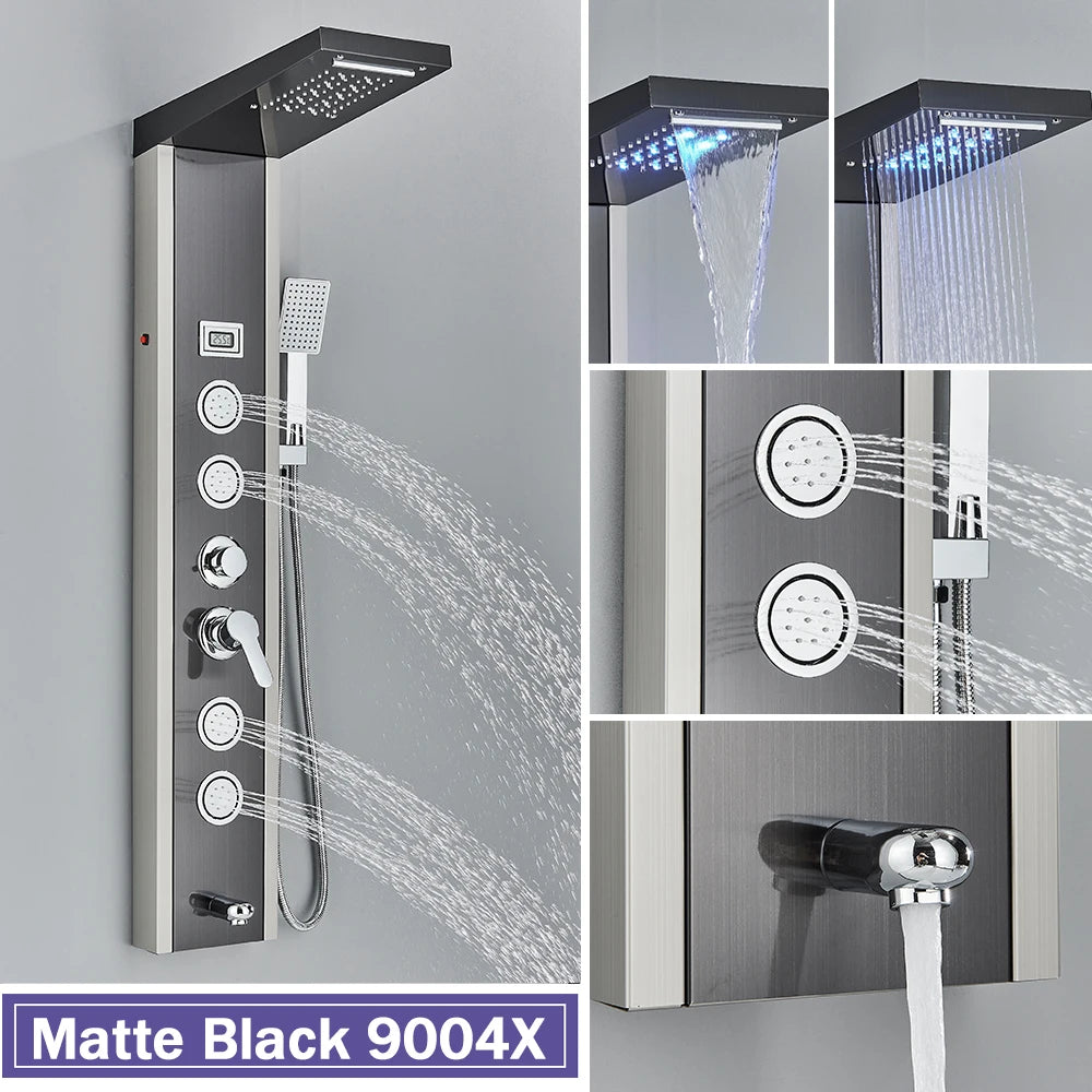 Rozin Colonne Douche Noire LED – 5 Modes dont Jets Massage & Cascade, Pluie, Affichage Digital | Panneau SPA Salle de Bain