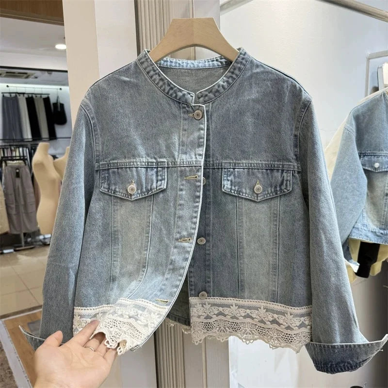 Veste Courte Femme Denim Bleu Col Rond Poches Style Coréen Ample – Mode Chic & Classique | Automne