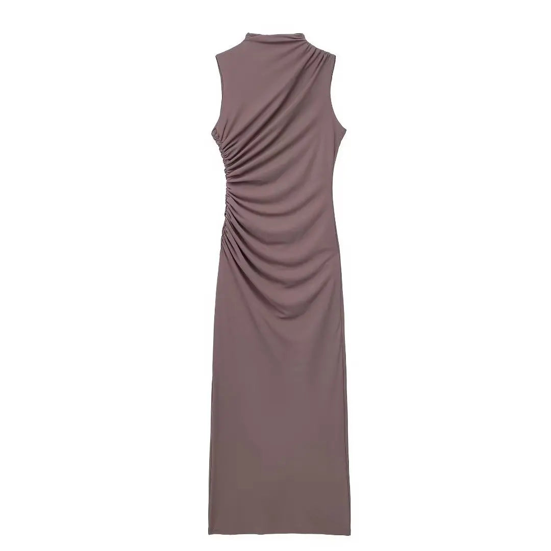 Robe Longue Femme Blanche Plissée Sans Manches Col Rond – Slim Gainante Élégante | Soirée Été