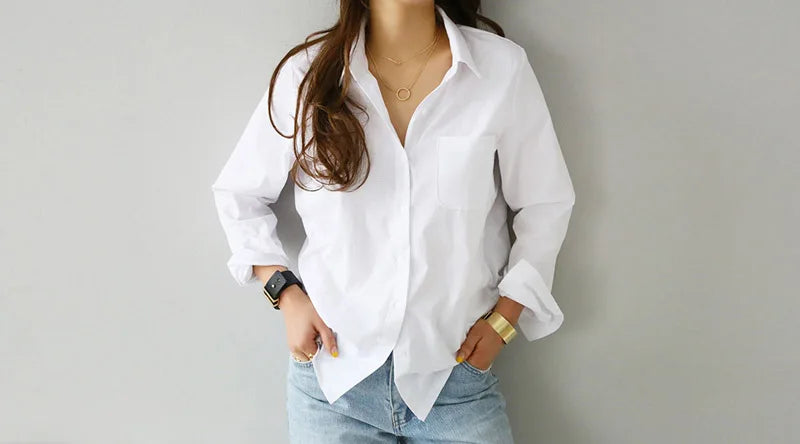 Chemisier Blanc Coton Femme – Manches Longues Style Bureau Casual | Élégant & Polyvalent