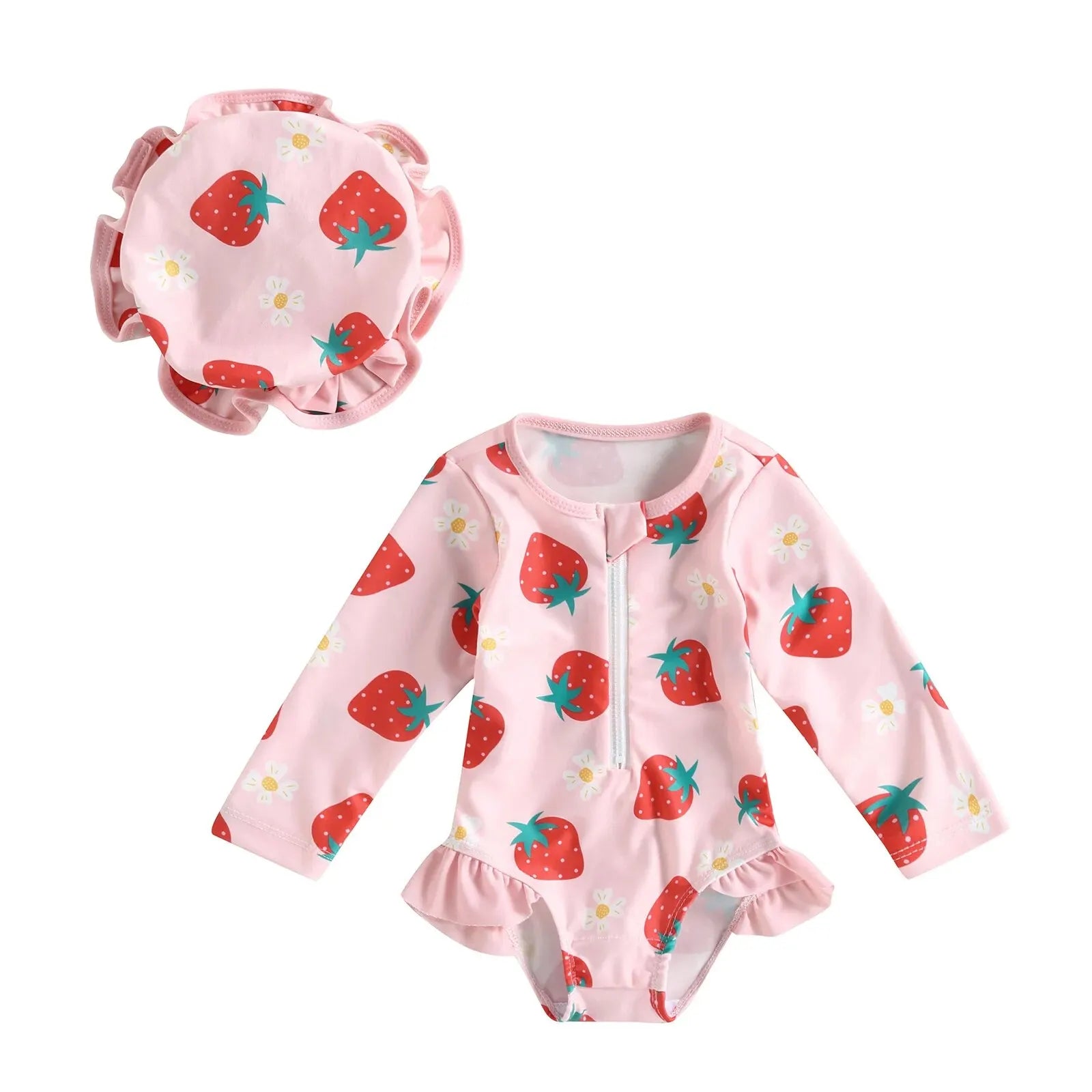 Maillot de Bain Bébé Fille Combinaison Zipper – Imprimé Flamant Rose Fleurs Manches Longues + Bandeau Été