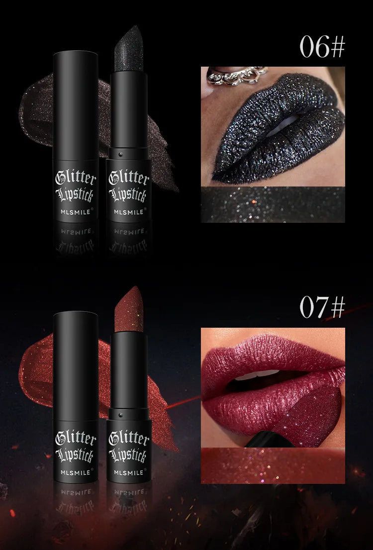 Rouge à Lèvres Glitter 7 Couleurs – Diamond Pearlescent Métallique Waterproof | Lipgloss Noir Femme