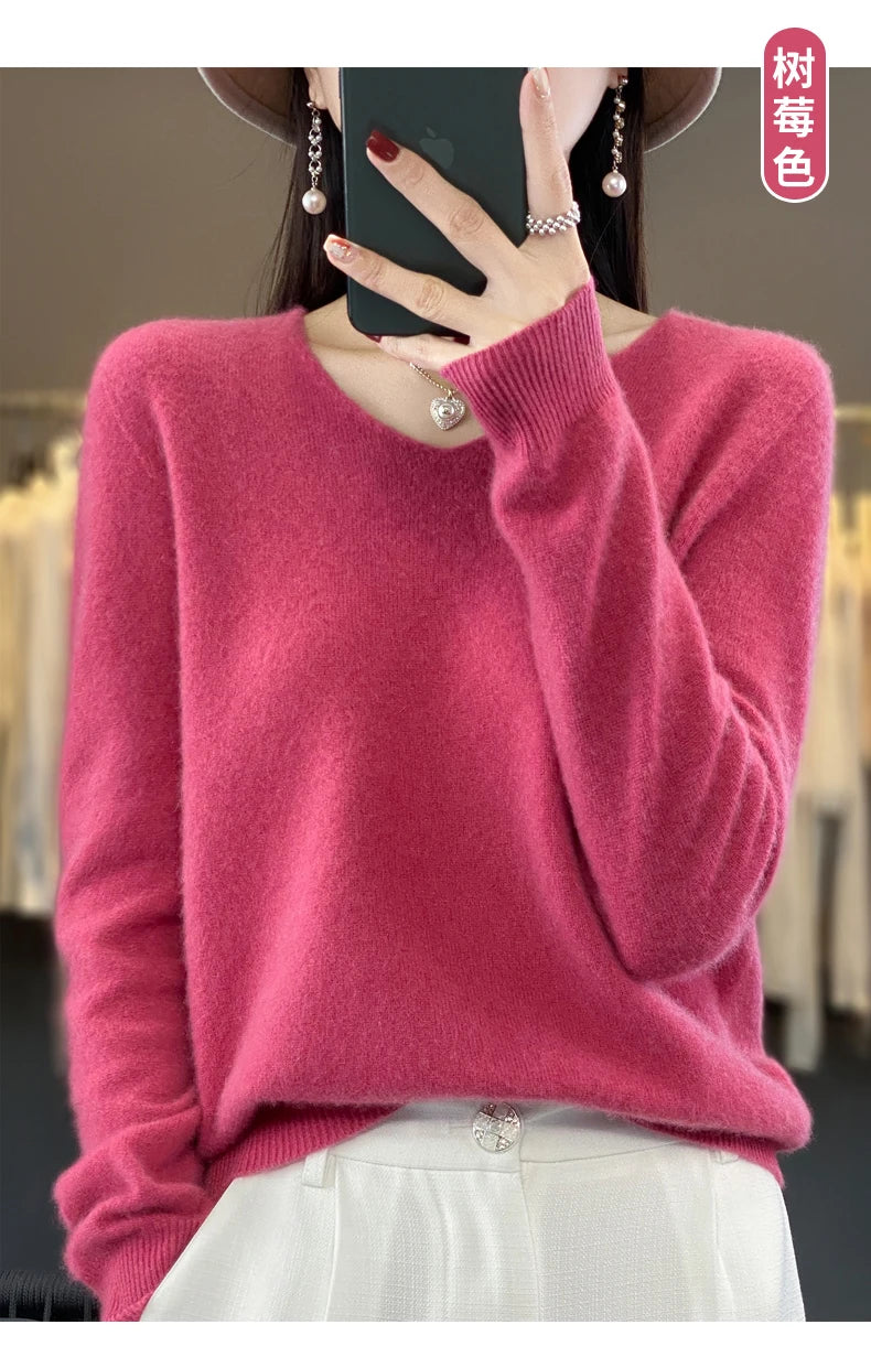 Kaschmirpullover 100% Wolle V-Ausschnitt Damen - Strick Casual Korean Fashion Herbst Winter