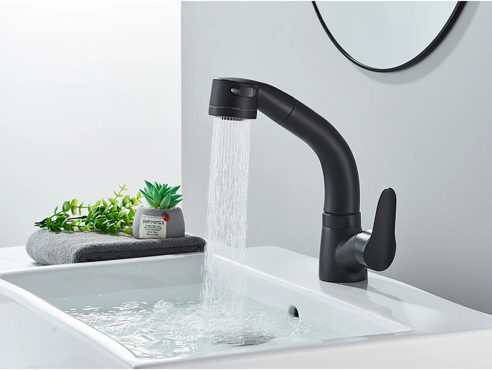 POIQIHY Robinet Lavabo Extractible Noir – Mitigeur Chaud Froid, Rotation 360°, Bec Relevable | Chrome & Noir Salle de Bain
