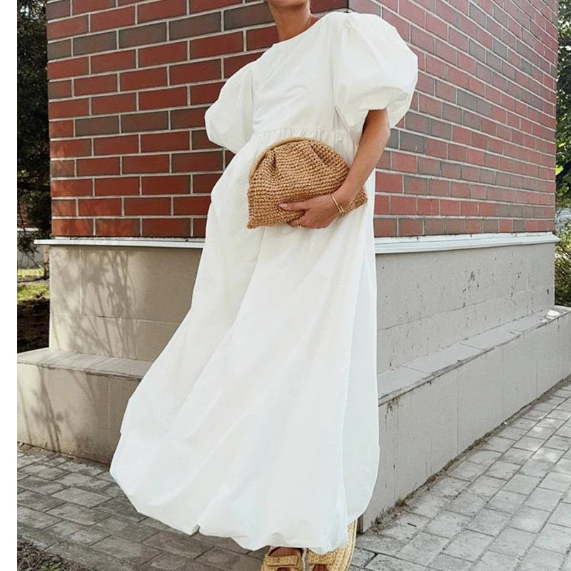 Robe Maxi Femme Boho Blanche Manches Bouffantes Taille Haute Ample Coton – Longue Été Bohème