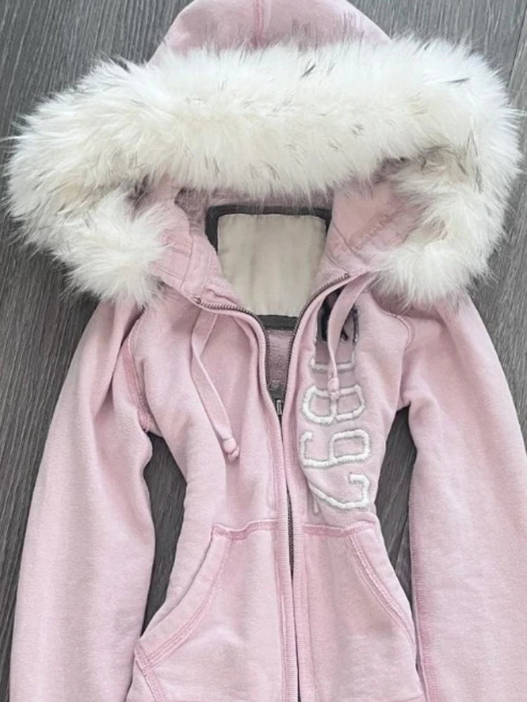 Sweat à Capuche Femme Fourrure Synthétique Rose Vintage Américain Y2K Harajuku Col Fausse Fourrure Slim Centuré – Veste Tendance Hot Girl | Mode