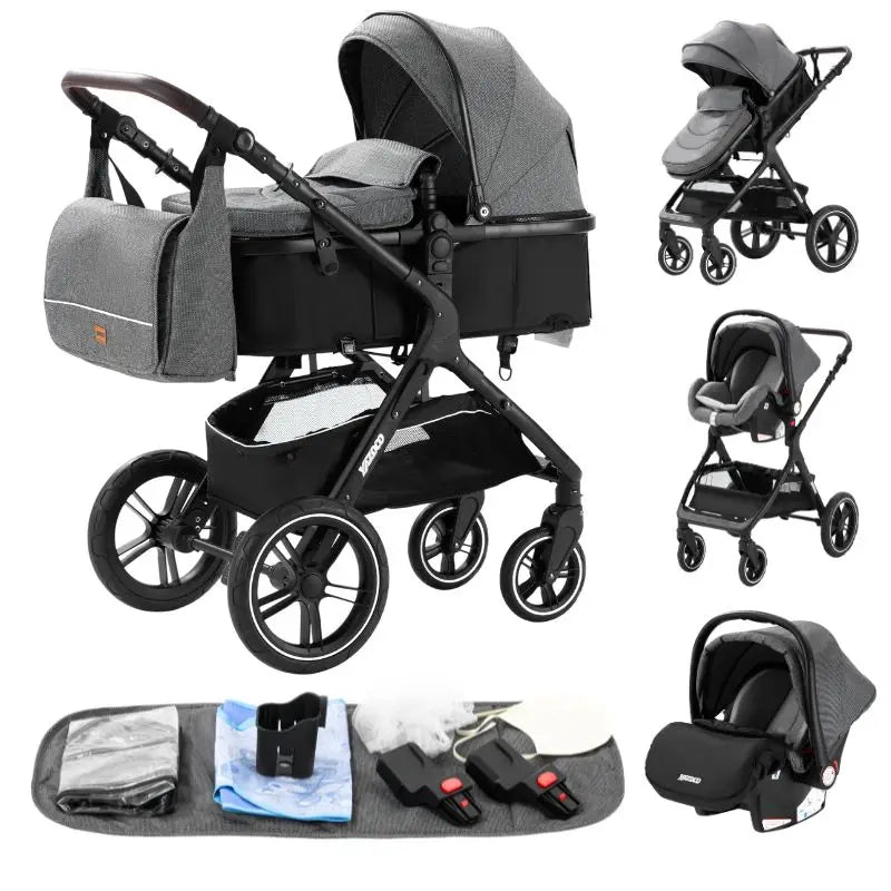 Poussette Bébé 3 en 1 Luxe Pliable Noire – Cadre Aluminium, Haute Vue, Nacelle & Siège | Voyage Nouveau-Né & Nourrisson