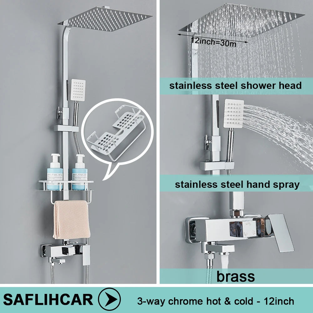 Ensemble Douche Pluie Mural Noir & Chrome Laiton – Étagère Offerte, Mitigeur Eau Chaude & Froide | Système Complet Salle de Bain