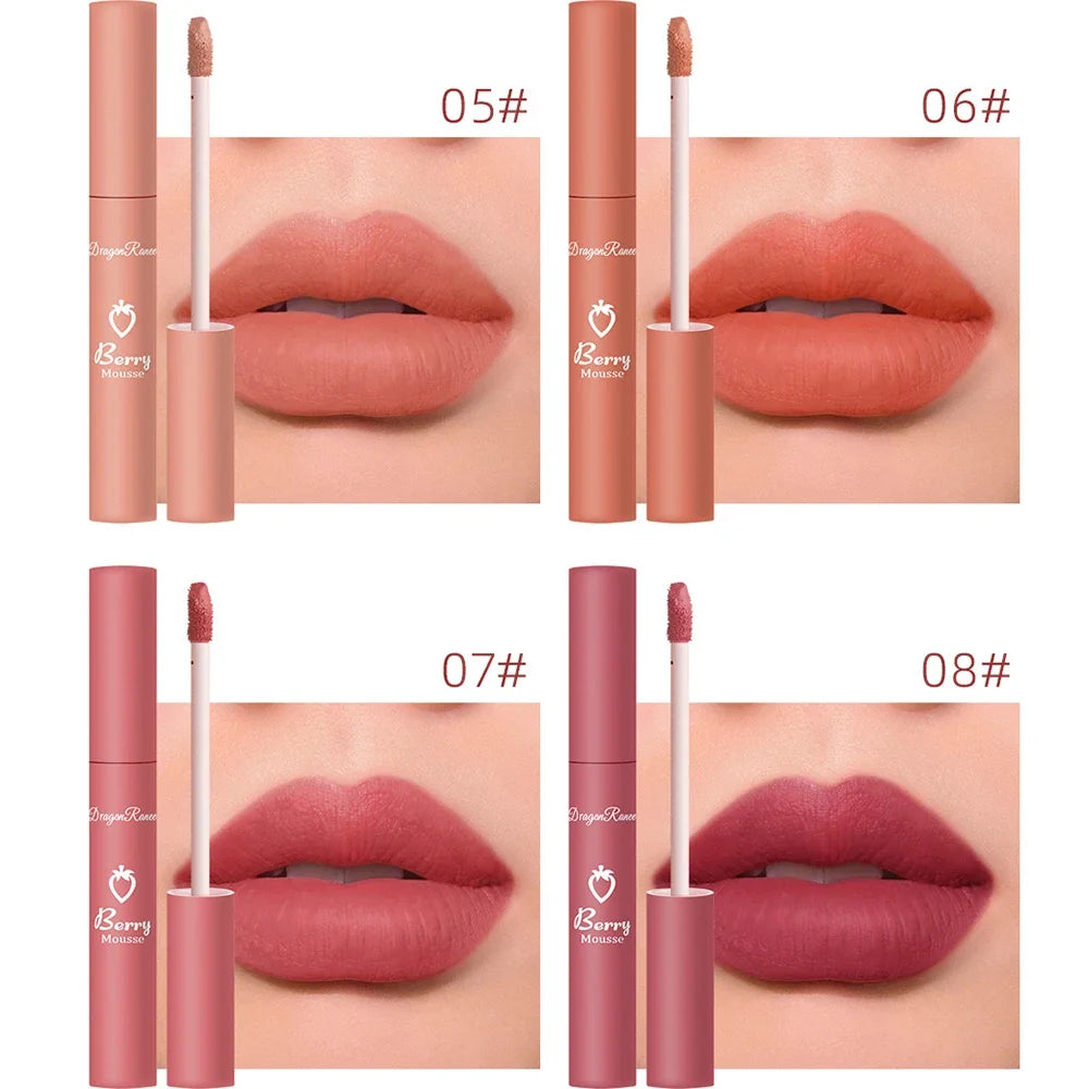 Gloss Lèvres Mat 12 Couleurs Berry Mousse – Glaçure Velours Waterproof Longue Tenue | Rouge à Lèvres Sexy Cosmétique