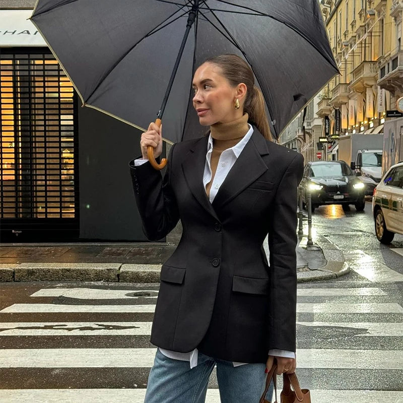 Ensemble Blazer Mini Jupe Femme Élégant – Col Revers Manches Longues Slim Uni | Tenue Bureau Chic 2025