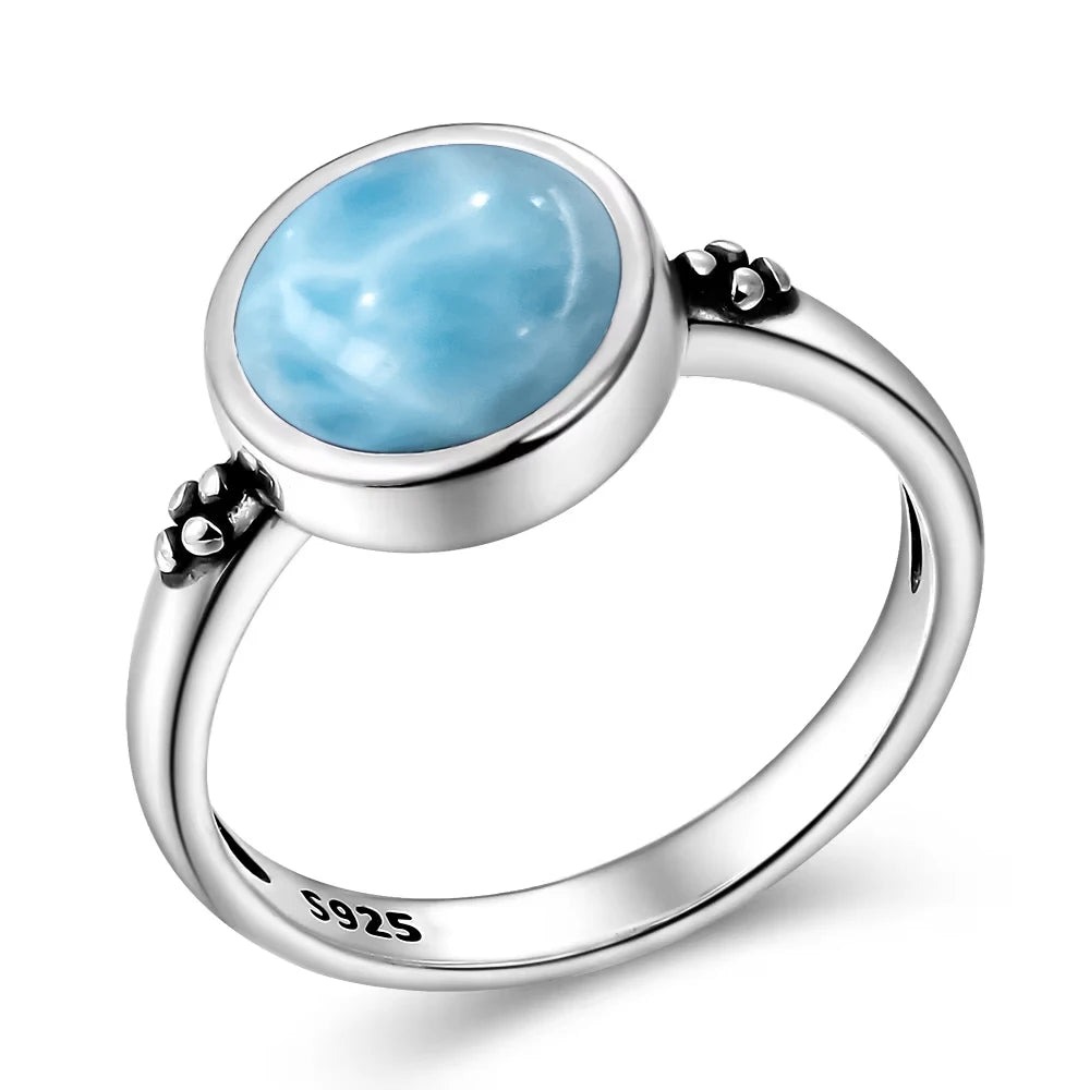 Bague Argent 925 Pierre Larimar Naturelle Vintage – Forme Fleur Ronde Bleu Ciel & Eau de Mer | Bijou Fin Unisexe Pierre Rare des Caraïbes & Cadeau Premium