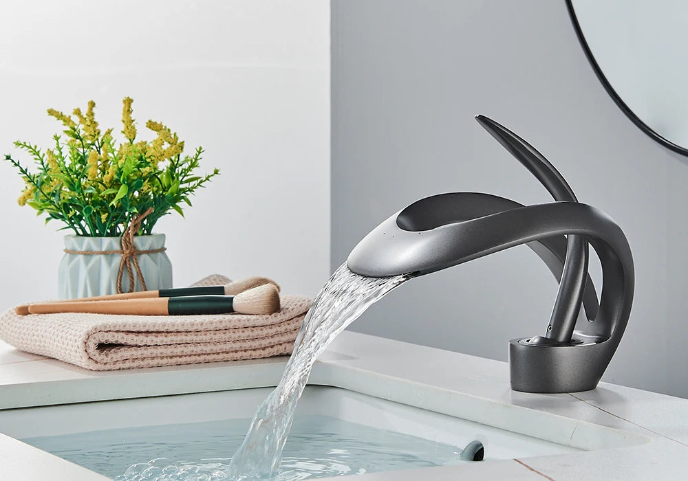 Rozin Robinet Lavabo Luxe Noir & Gris – Effet Cascade, Laiton, Style Moderne | Mitigeur Eau Chaude & Froide Vasque