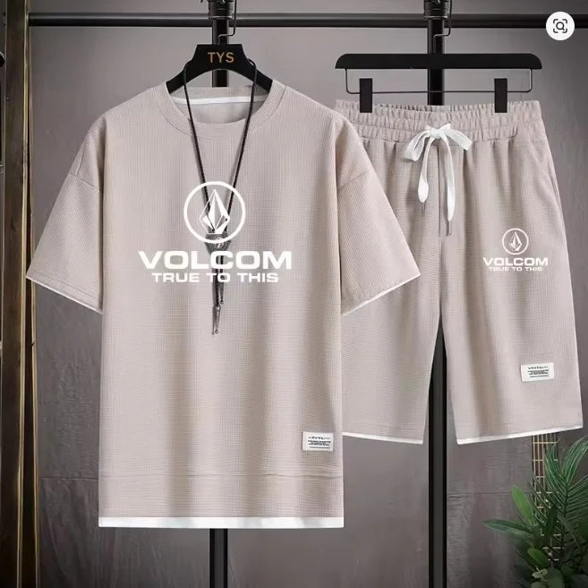 VOLCOM Ensemble T-shirt + Short Sport Homme Été – Waffle Imprimé Casual Sportswear