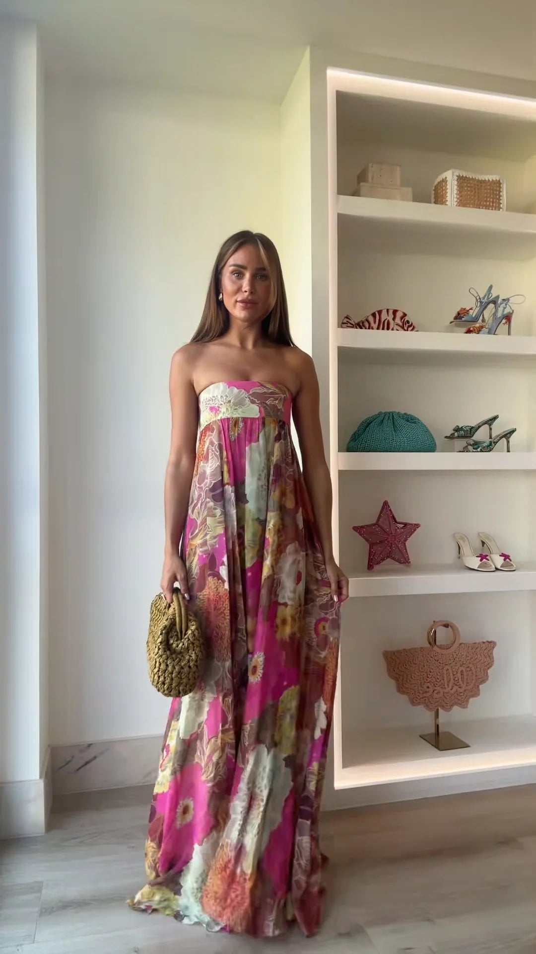 Robe Maxi Femme Imprimée Sans Bretelles Épaules Dénudées Dos Nu Sans Manches Taille Haute – Robe de Soirée Élégante | Été